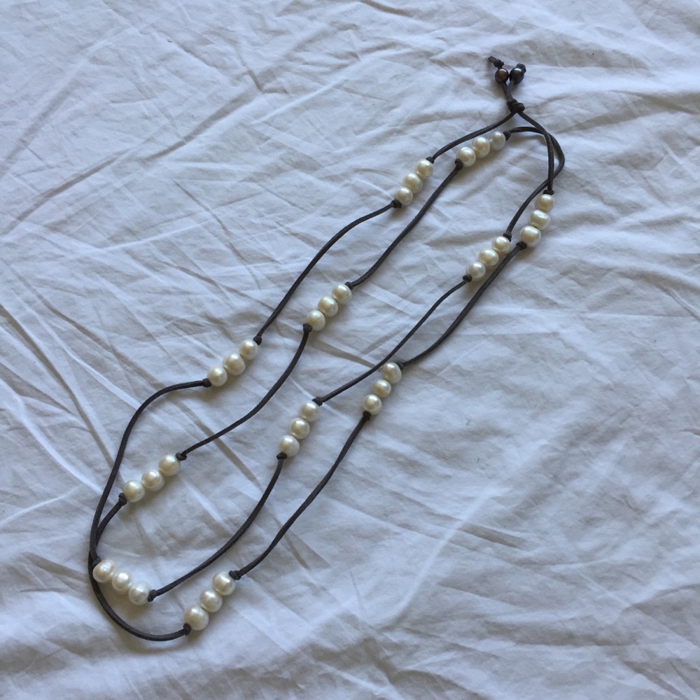 BOGO! Leather & Fresh H2O Pearl Long Wrap Necklace
